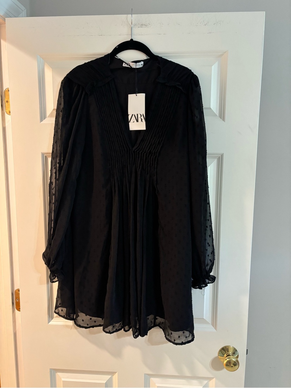 Zara Black Semi-Sheer Dotted Pleated V-Neck Tunic Blouse